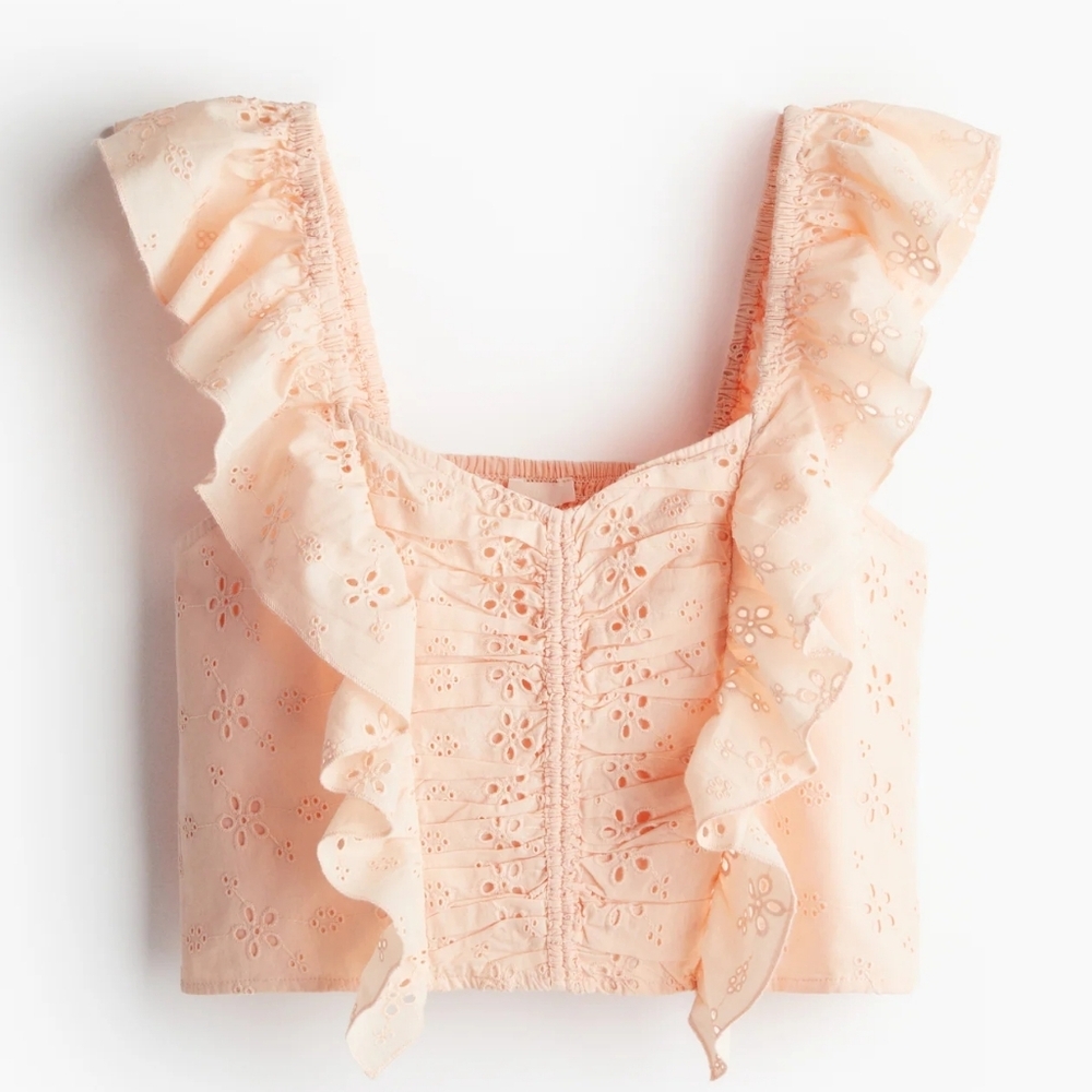 NWT H&M Peach Eyelet Blouse Flutter Sleeves smocked top **Fits like an XXL**